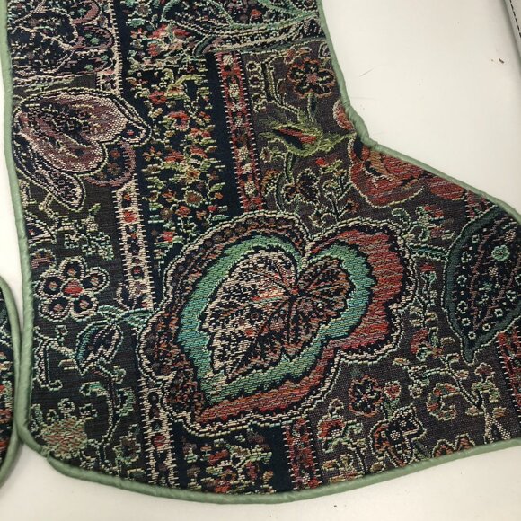 VTG 2 Piece Tapestry Traditional Christmas Stockings Gold Jingle Bell Detail - Picture 5 of 10